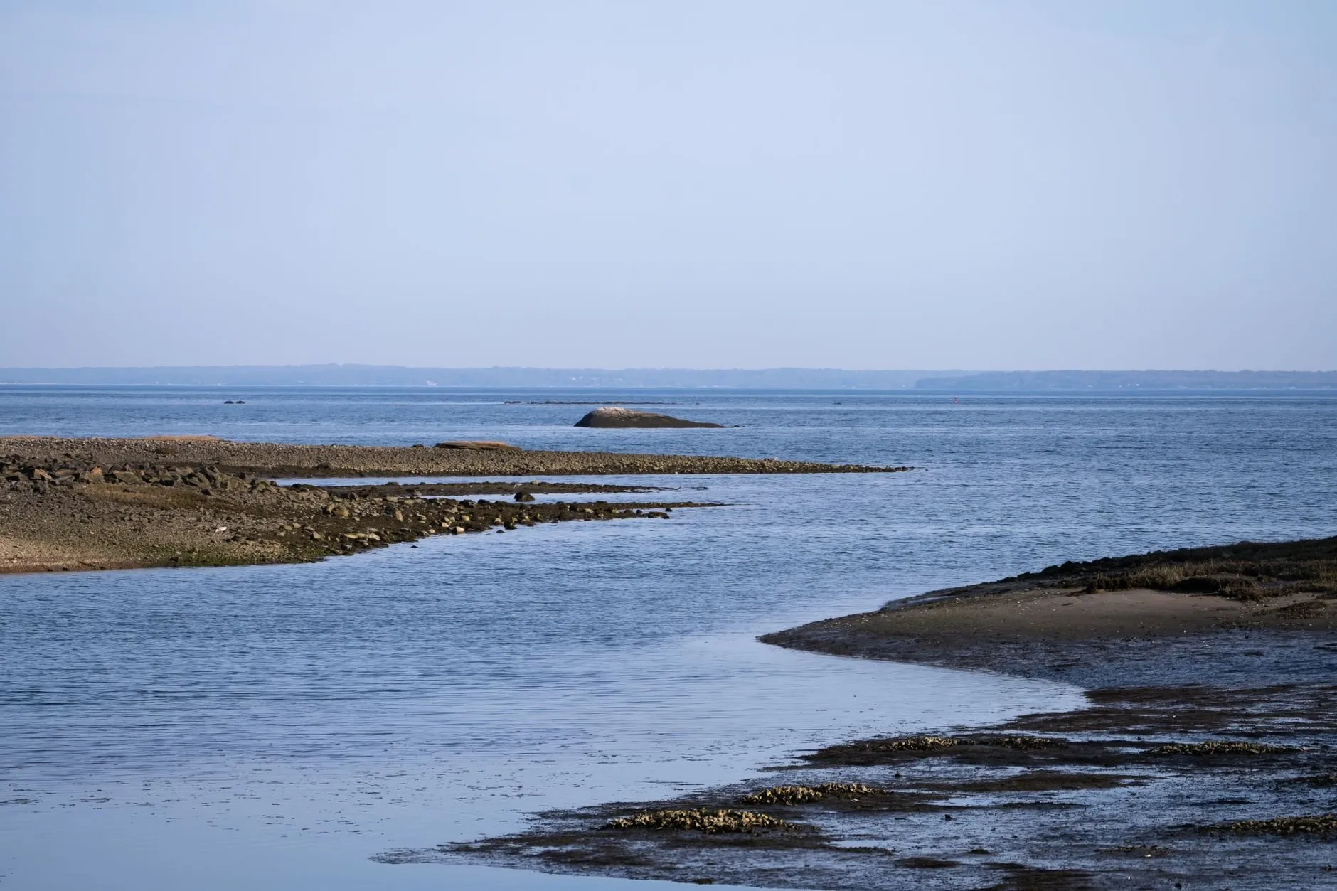 Calm blue water in a sound between low rocky islands, with dark seaweed-covered ledges showing at low tide