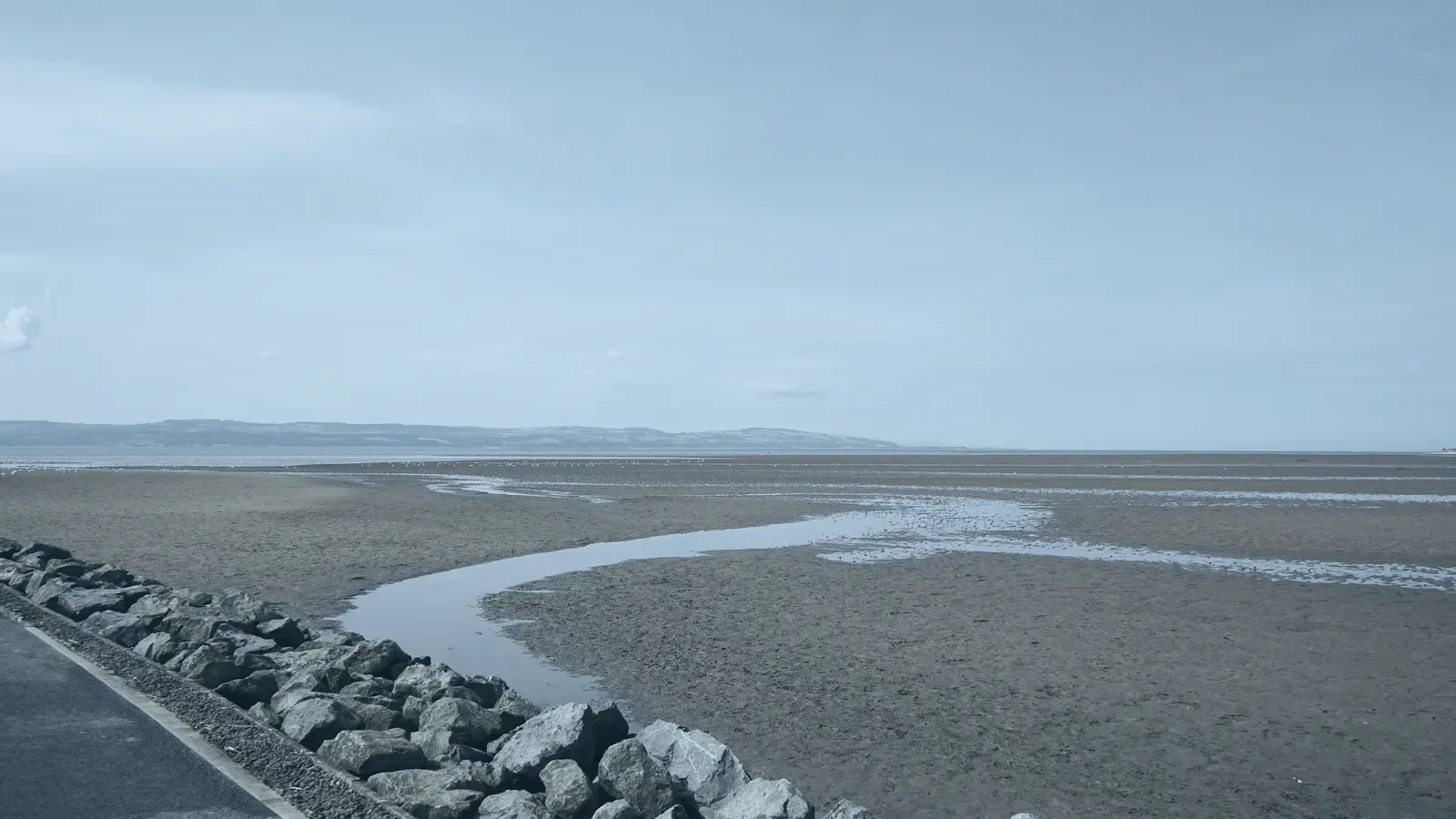 An estuary channel snaking out across the sand at low water.